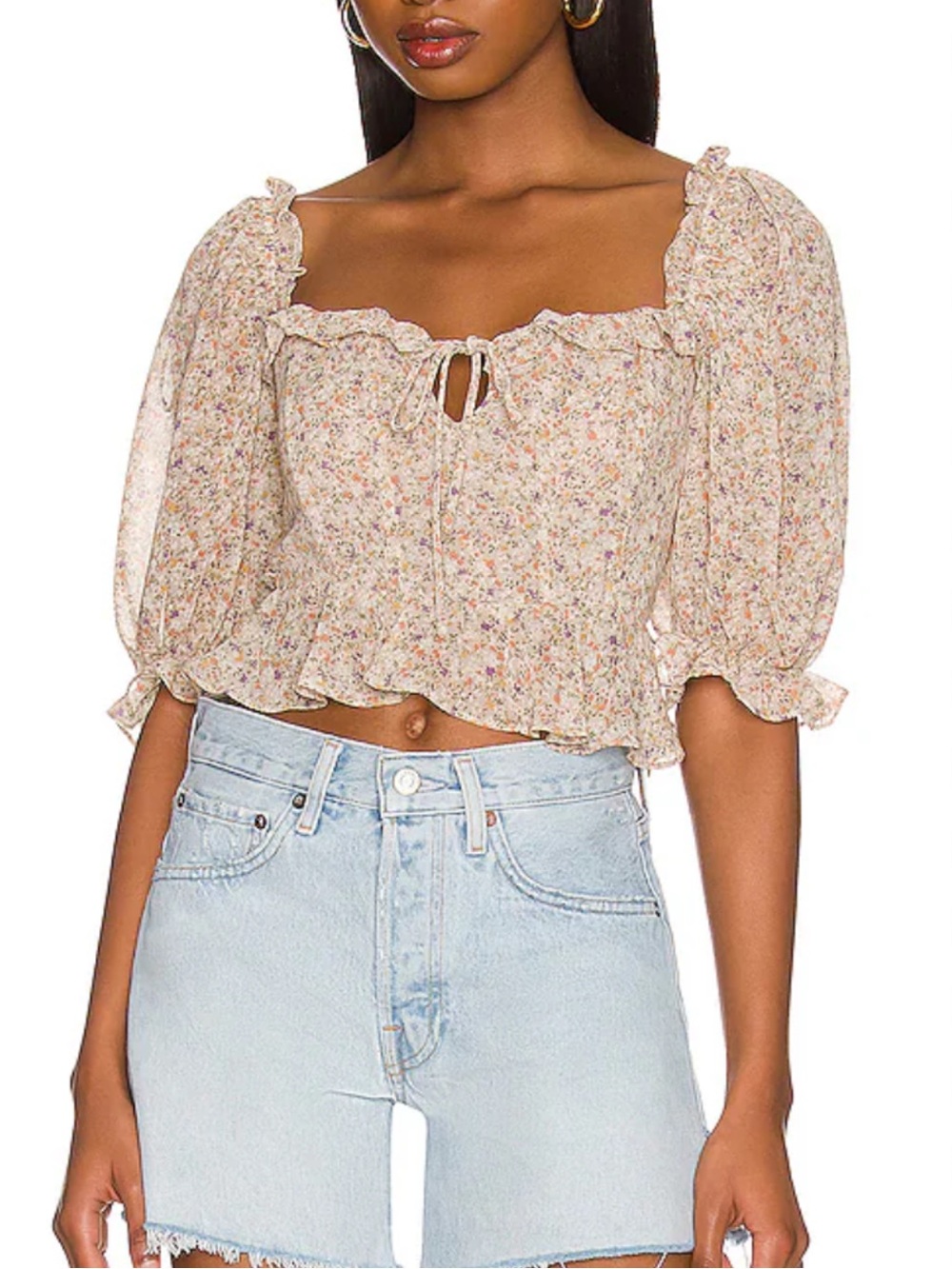 Astr Floral Smocked Crop Top in Cream with Pastel Print